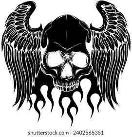 black silhouette of skull with wings. Vector illustration, tattoo sketch, emblem.