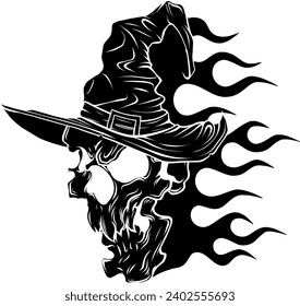 black silhouette of skull with witch hat on flames vector illustration