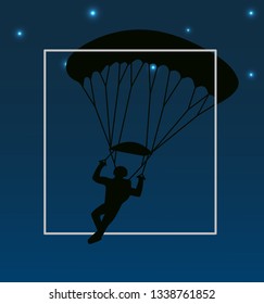 
Black silhouette of a skydiver flies through a white rectangle against a starry sky