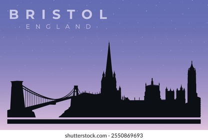 Black silhouette of the skyline of Bristol. Vector on the background of the night starry sky.