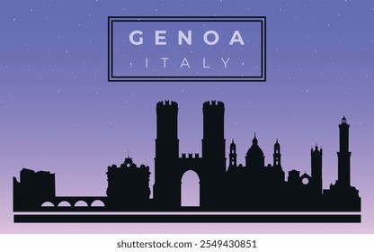 Black silhouette of the skyline of Genoa. Vector on the background of the night starry sky.