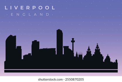 Black silhouette of the skyline of Liverpool. Vector on the background of the night starry sky.