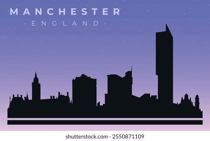 Black silhouette of the skyline of Manchester. Vector on the background of the night starry sky.