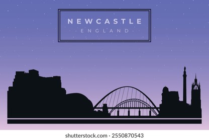 Black silhouette of the skyline of Newcastle. Vector on the background of the night starry sky.