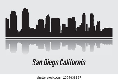 Black silhouette of the skyline of san diego, California, with reflection in the water. Vector on gray background.