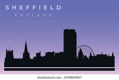 Black silhouette of the skyline of Sheffield. Vector on the background of the night starry sky.