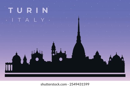 Black silhouette of the skyline of Turin. Vector on the background of the night starry sky.