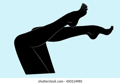 black silhouette slender bare female legs on a blue background