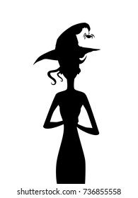 Black silhouette of slim witch with curly hair wearing hat with spider isolated on white background. Vector illustration, icon, symbol, clip art. 