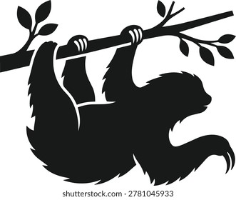 A black silhouette of a sloth is depicted hanging upside down from a tree branch, showcasing its long claws and furry body.