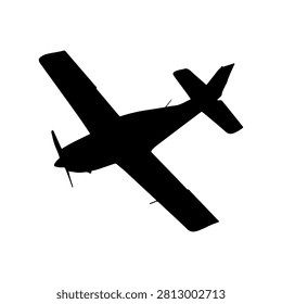 A black silhouette of a small airplane in flight against a plain white background, emphasizing the shape and form of the aircraft.
