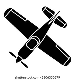 Black silhouette of a small airplane flying overhead isolated on white background icon