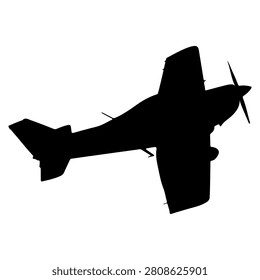 Black silhouette of a small airplane flying, showcasing its wings, tail, and propeller against a plain background, emphasizing aircraft shape and design.