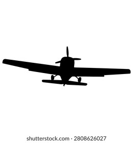 A black silhouette of a small airplane flying against a plain background, emphasizing the aircrafts shape and flight motion.