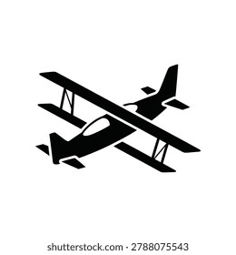 Black silhouette of a small biplane flying against a clean white background