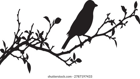 Black silhouette of a small bird perched on a tree branch with leaves, wildlife