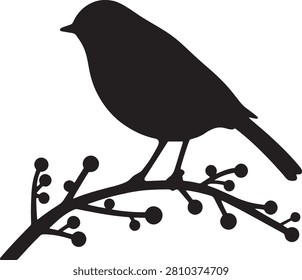 Black silhouette of small bird perched on branch with berries, natural wildlife vector illustration.