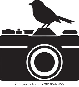 A black silhouette of a small bird perched on of a vintage camera, presented as a flat on a white background