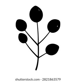 A black silhouette of a small branch with round leaves on a plain background, emphasizing natural shapes and organic form.