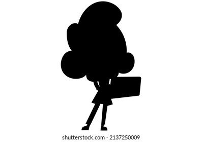 Black silhouette of a small cartoon girl working on a laptop, work from home, studying, office work