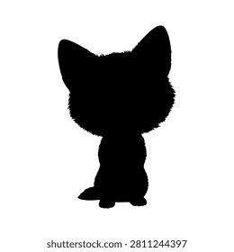 Black silhouette of a small cat with pointed ears sitting upright, isolated on a white background, emphasizing feline shape and posture.