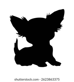 Uma silhueta preta de um pequeno cachorro Chihuahua. O cachorro está sentado sobre um fundo branco. O cachorro é fofo e adorável. Ilustração de vetor plano isolada