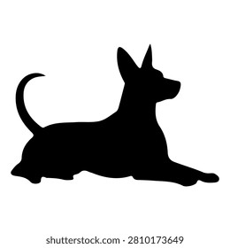 Black silhouette of a small dog with pointed ears, lying down with tail curled, isolated on a white background, emphasizing shape and posture.