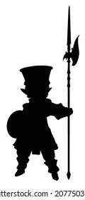 The black silhouette of a small, eared guardian warrior with a long halberd and a round buckler shield, he has a tall hat, a big head, short legs and arms.  2d cartoon illustration