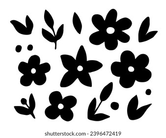 Black silhouette of small flowers, leaves. Simple set of floral elements.