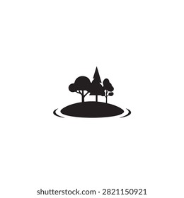 Black silhouette of a small island with three trees in the middle of a body of water, isolated on a white background for