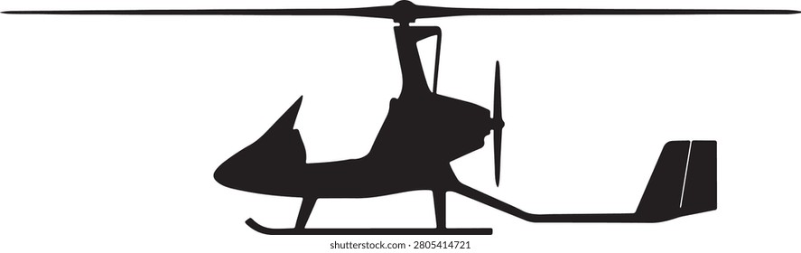 Black silhouette of a small light helicopter with a main rotor and tail rotor, isolated on a white background, for aviation