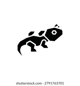 Black silhouette of a small lizard or gecko in profile on a white background, featuring geometric shapes and a hexagonal eye, representing reptiles and nature in a style