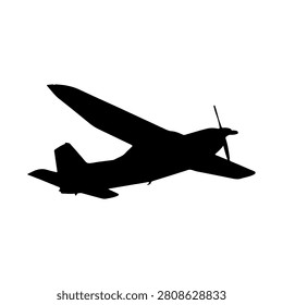 A black silhouette of a small private jet flying, showcasing sleek design and aerodynamic shape against a plain background.