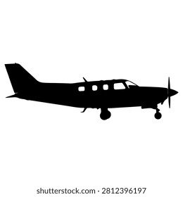 Black silhouette of a small private propeller airplane flying against a white background, emphasizing the aircrafts shape and design.