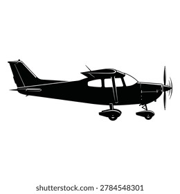 Black silhouette of a small propeller airplane in flight