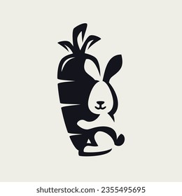 Black Silhouette Small Rabbit Friendly Hare Creative sitting with Hand Holding Big Carrot Negative Space Vector Logo Design