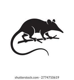 Black silhouette of small rodent perched on a tree branch isolated on white background for wildlife graphic design projects
