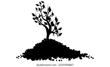 Black silhouette of small shoot of tree with leaves in pile of soil isolated on white. Vector design element.