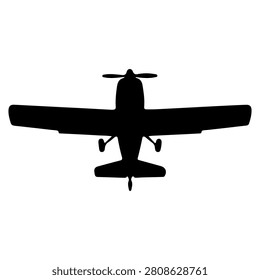 Black silhouette of a small single-engine airplane viewed from below against a plain white background.