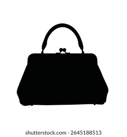 A black silhouette of a small structured leather handbag is shown against a white background The image is a simple vector illustration with a minimal style