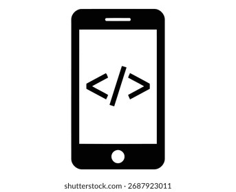 Una silueta negra de un smartphone con un símbolo de codificación blanco que se muestra en su pantalla, que representa el desarrollo y la programación de App móviles, aislados sobre un fondo blanco.