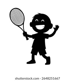 Black silhouette of a smiling boy holding a tennis racket against a white background The style is simple and cartoonish