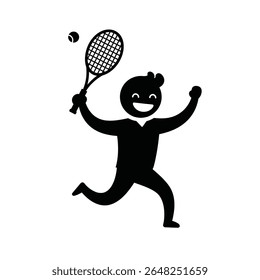 Silhueta preta de um personagem sorridente correndo com uma raquete de tênis e bola em um fundo branco ilustração vetor simples