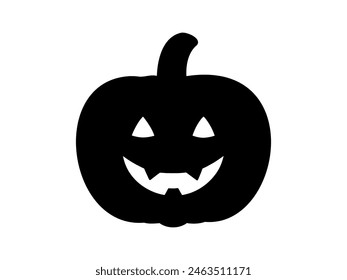 Black silhouette of smiling Halloween pumpkin. Illustration. Friendly Jack-o-lantern. Isolated on white backdrop. Concept of Halloween, festive decor, autumn celebration, October tradition. Icon.
