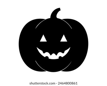 Black silhouette of smiling Halloween pumpkin. Illustration. Friendly Jack-o-lantern. Isolated on white surface. Concept of Halloween, festive decor, autumn celebration, October tradition. Icon.