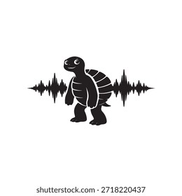 Black silhouette of a smiling turtle standing next to a sound wave black and white animal