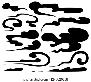Black silhouette. Smoke effect in flat style. Steam clouds, fog, watery vapour or dust. Clipart element for game or animation. Vector illustration isolated on white background.