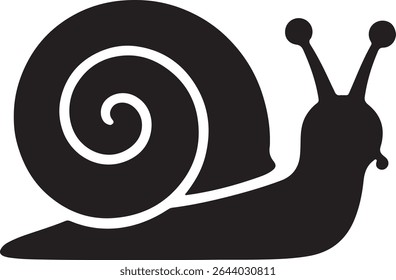 A black silhouette of a snail with a spiral shell is shown against a white background The image is simple and minimalist in style