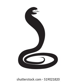 Black silhouette of a snake, a cobra in a threatening stand with open mouth, where visible fangs and forked tongue.