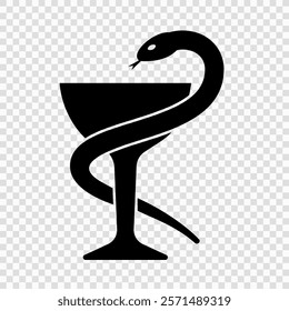 Black silhouette of snake coiled around a bowl, symbolizing medicine and pharmacy